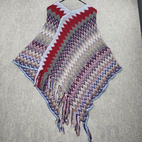 Permanent Womens Colorful Chevron Knit Poncho With Fringe Hem One Size Acrylic - Picture 2 of 4